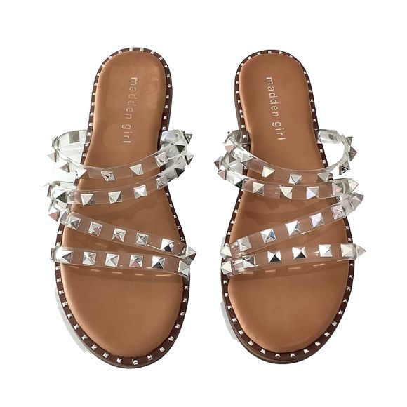 Steve Madden Silver Studded Clear Strap Tan Flats Sandals Size 6.5 NEW - Picture 2 of 5